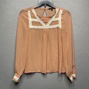 Lucca Couture XS Sheer Peach Long Sleeve Blouse White Lace Trim Keyhole Back